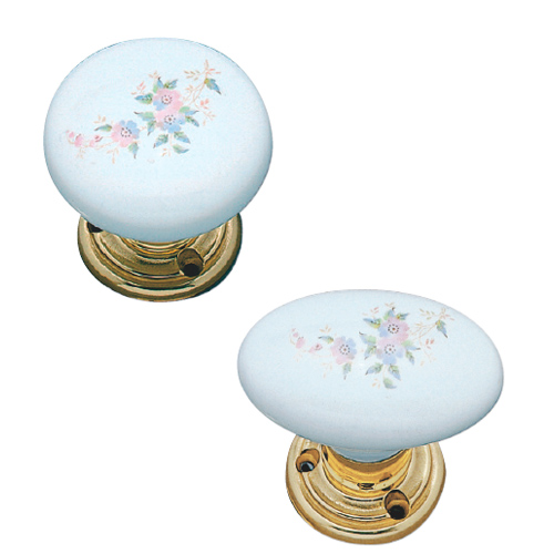 Pair oval knob Alba on ø 45 mm screwed rose and escutcheon Lux - decorated porcelain