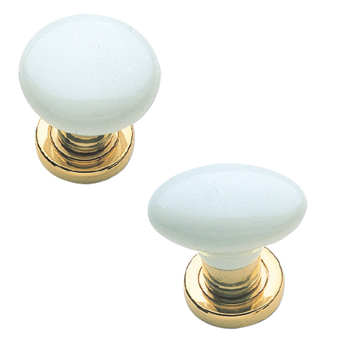 Pair oval knob on ø 45 mm screwed rose and escutcheon Lux - white porcelain