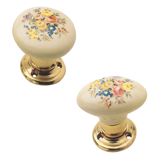 Pair oval knob Gemma on artistic rose and escutcheon w/out spring - decorated porcelain