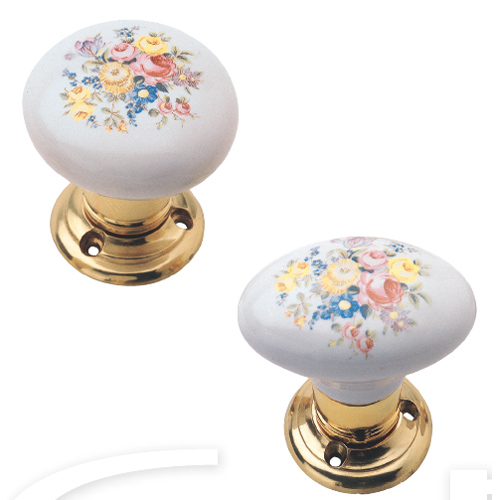 Pair knob Anna on ø 45 mm screwed rose and escutcheon Lux - decorated porcelain